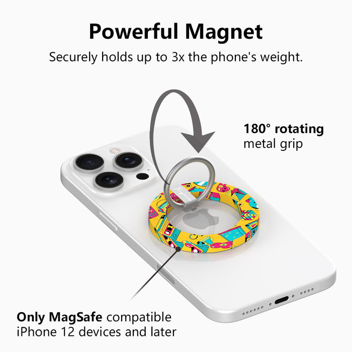 Oops It's the 90's retro pop art MagSafe phone grip ring with yellow background and colorful drawings of cassette players puzzle cubes and brick phones compatible with iPhone and Samsung