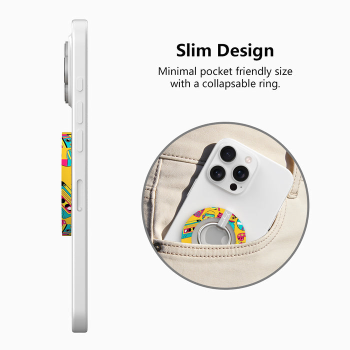 Oops It's the 90's retro pop art MagSafe phone grip ring with yellow background and colorful drawings of cassette players puzzle cubes and brick phones compatible with iPhone and Samsung