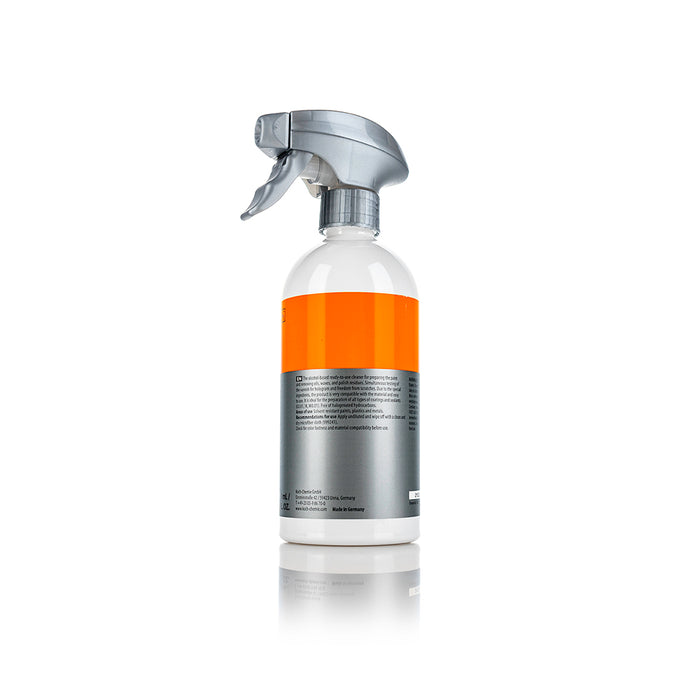 The back of a spray bottle of Koch Chemie Panel Preparation Spray on a white background.