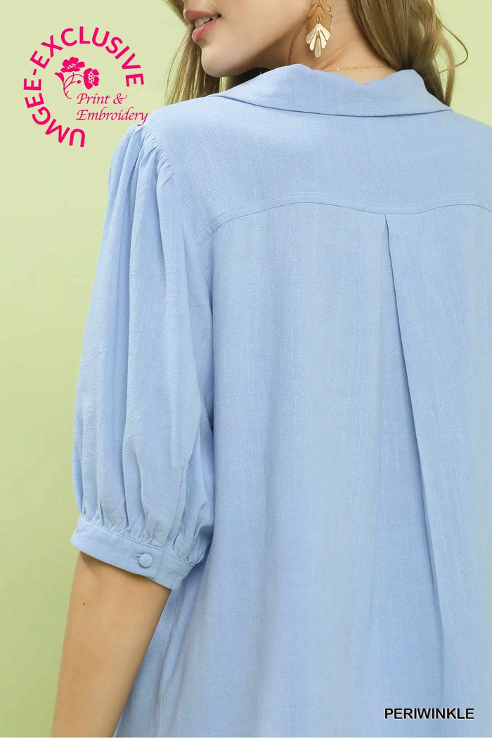 Periwinkle Linen/Cotton Embroidered V-Neck Top