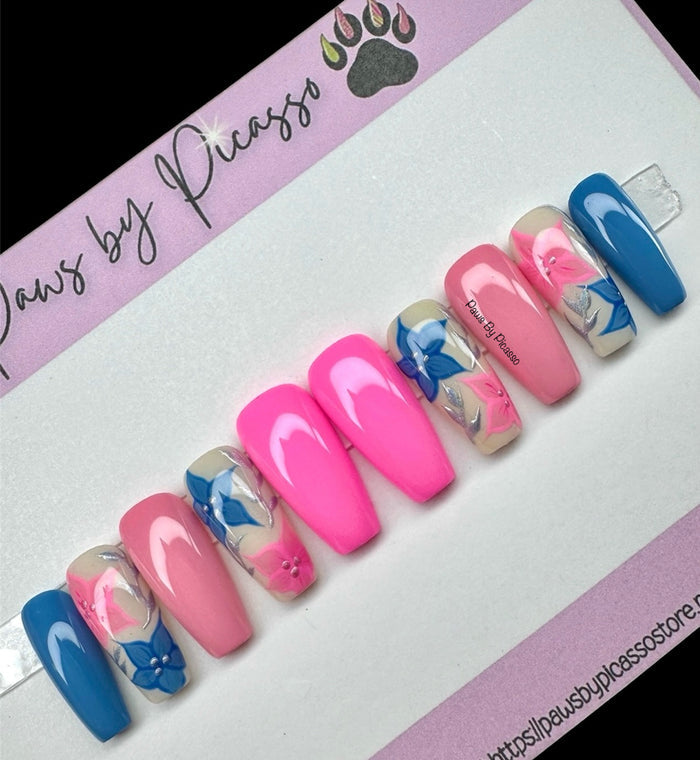 Set of pink and blue nail art on a white background with 'Laws by Picasso' branding.