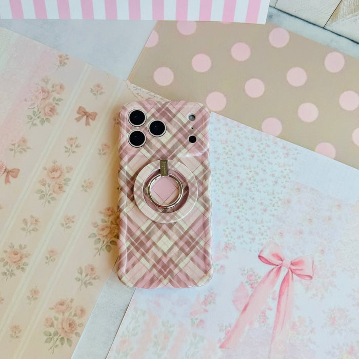 Pink Cashmere Plaid Hold It Fancy MagSafe grip ring with a soft pink, cream and taupe tartan plaid print from Fancy Bands