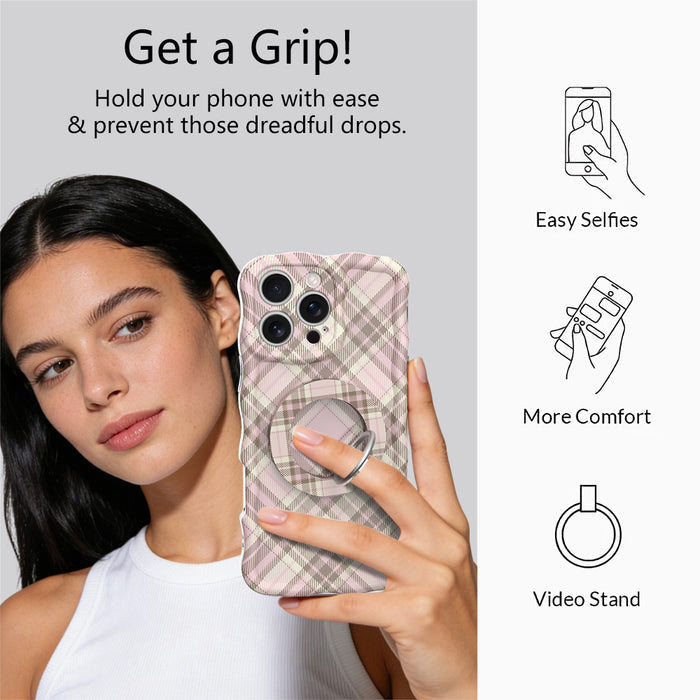 Pink Cashmere Plaid Hold It Fancy MagSafe grip ring with a soft pink, cream and taupe tartan plaid print from Fancy Bands