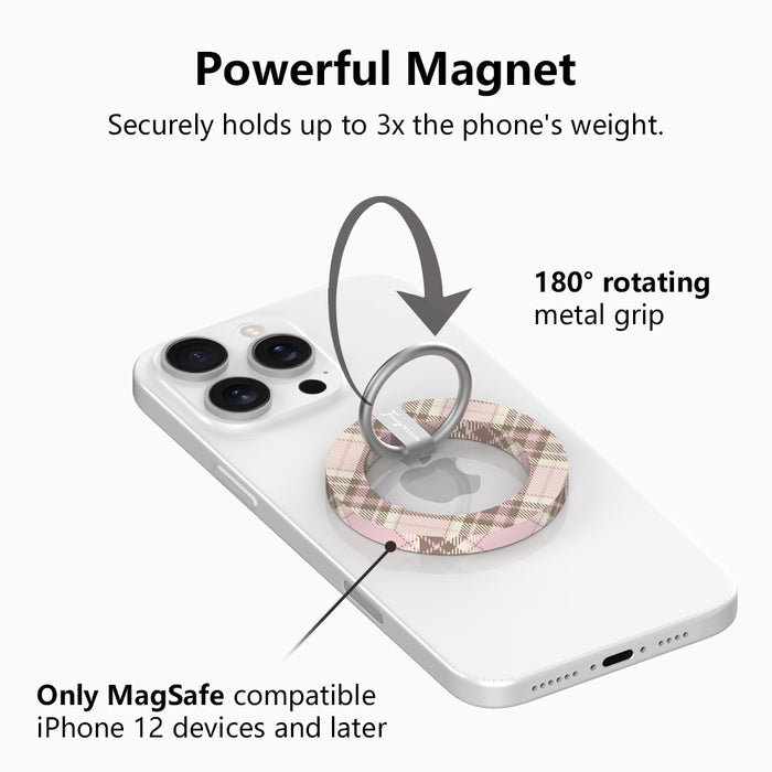 Pink Cashmere Plaid Hold It Fancy MagSafe grip ring with a soft pink, cream and taupe tartan plaid print from Fancy Bands