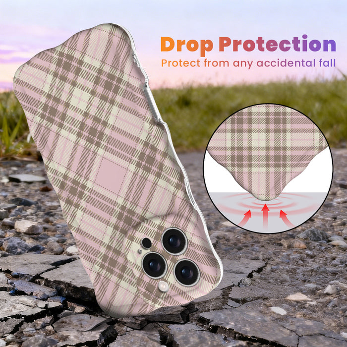 Pink Cashmere Plaid Wavy Luxe MagSafe iPhone case with a soft pink, cream and taupe tartan plaid print from Fancy Bands