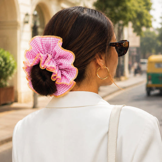 Pink Gingham Oversized Ruffle Scrunchie