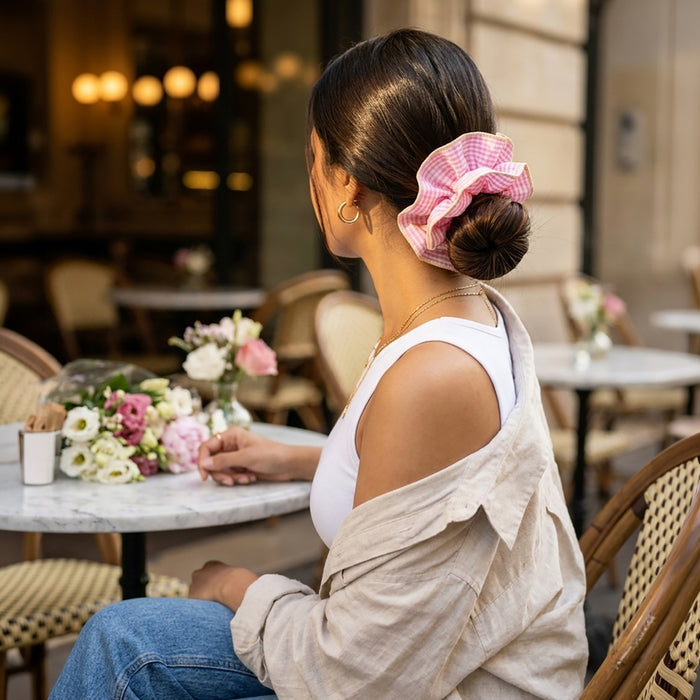 Pink Gingham Oversized Ruffle Scrunchie