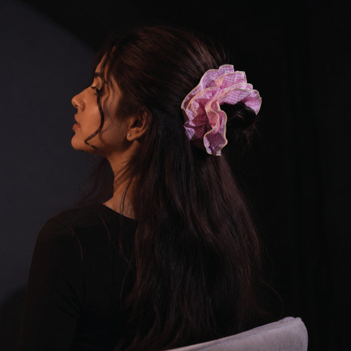 Pink Gingham Oversized Ruffle Scrunchie