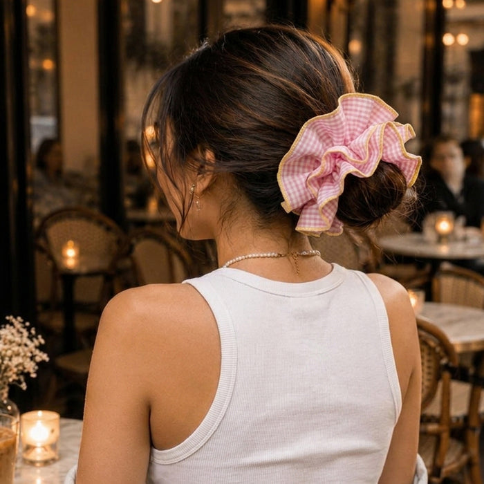 Pink Gingham Oversized Ruffle Scrunchie