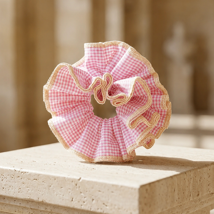 Pink Gingham Oversized Ruffle Scrunchie