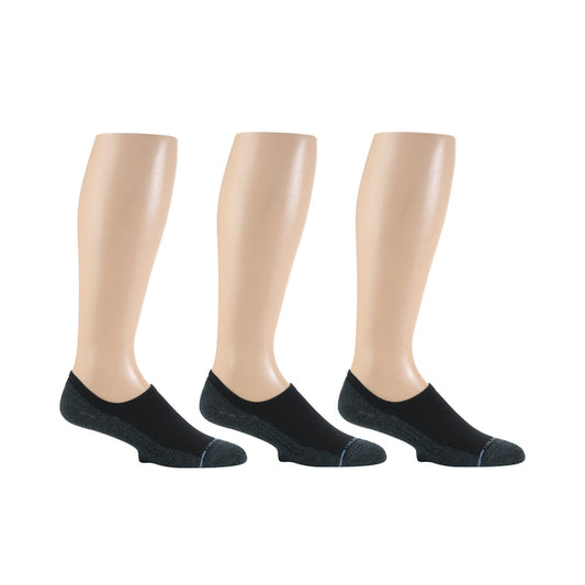 Three pairs of black liner compression socks displayed on mannequin legs, featuring a textured design and colored toe accents