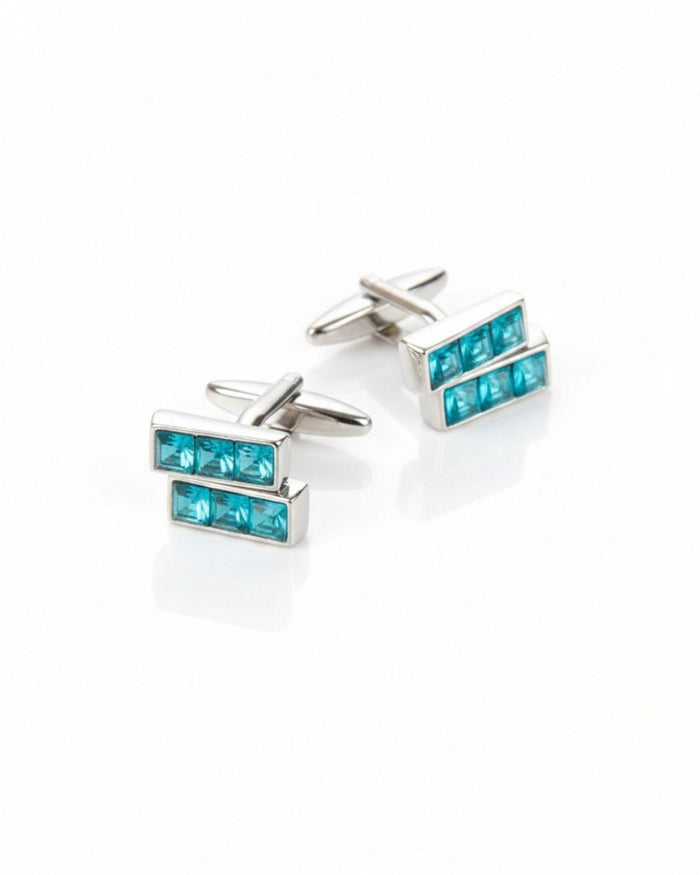 Men's silver bar cufflinks with faceted aqua blue crystal squares
