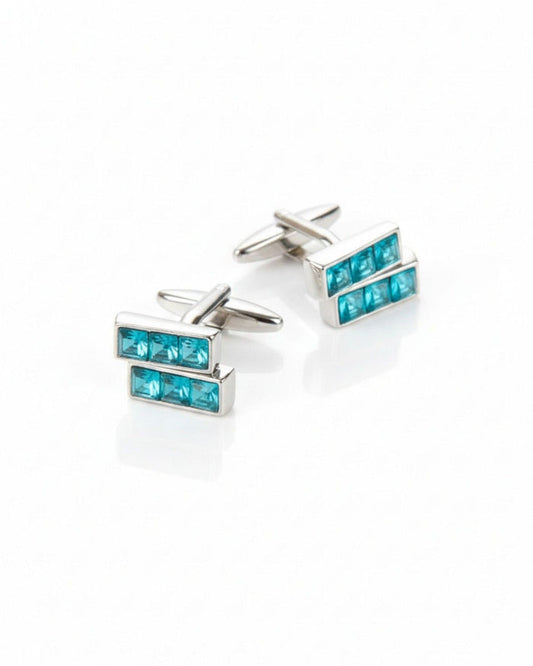 Men's silver bar cufflinks with faceted aqua blue crystal squares