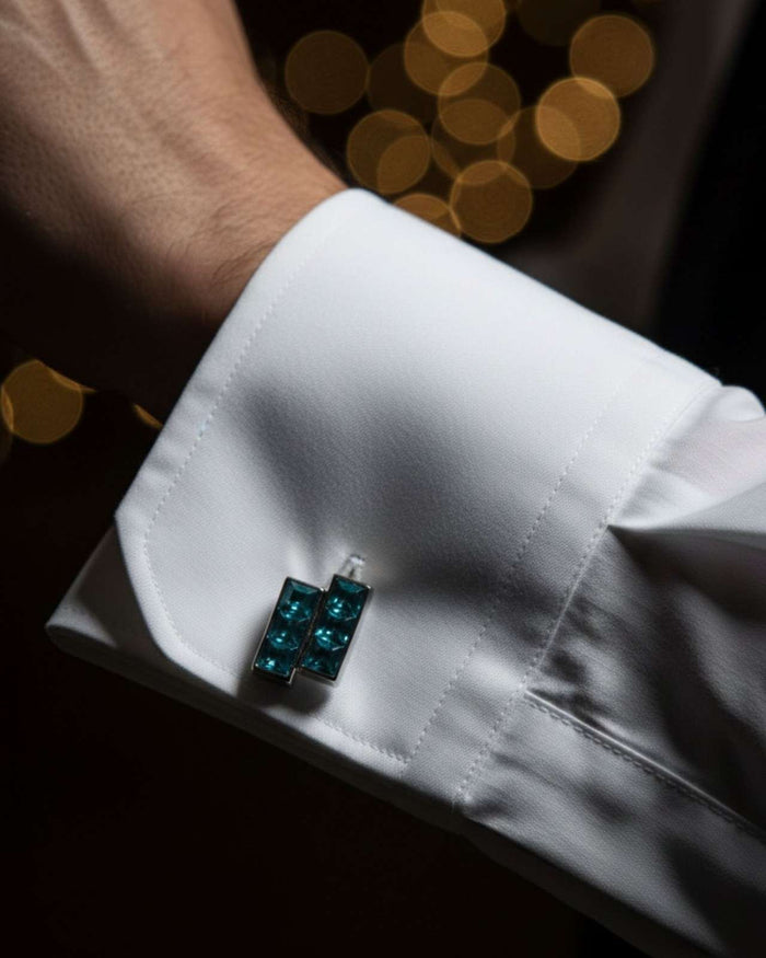 Men's silver bar cufflinks with aqua blue faceted crystal square, on cuff