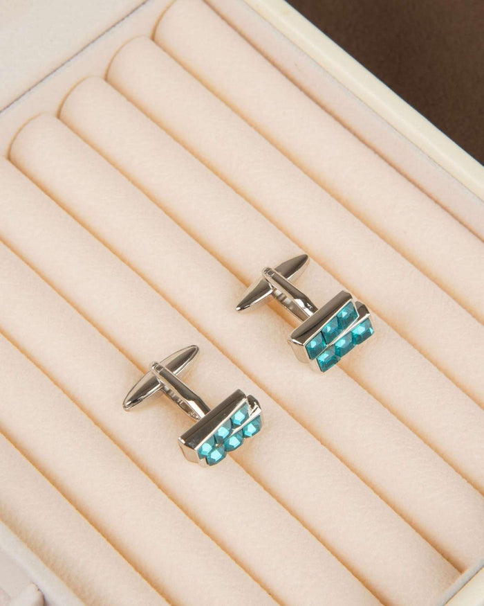 Men's silver bar cufflinks with two aqua blue faceted crystal rectangles