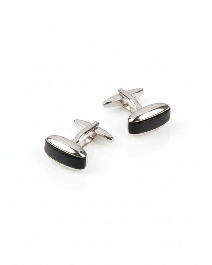 Premsons® black gloss half-moon curve cufflinks with silver-tone bars