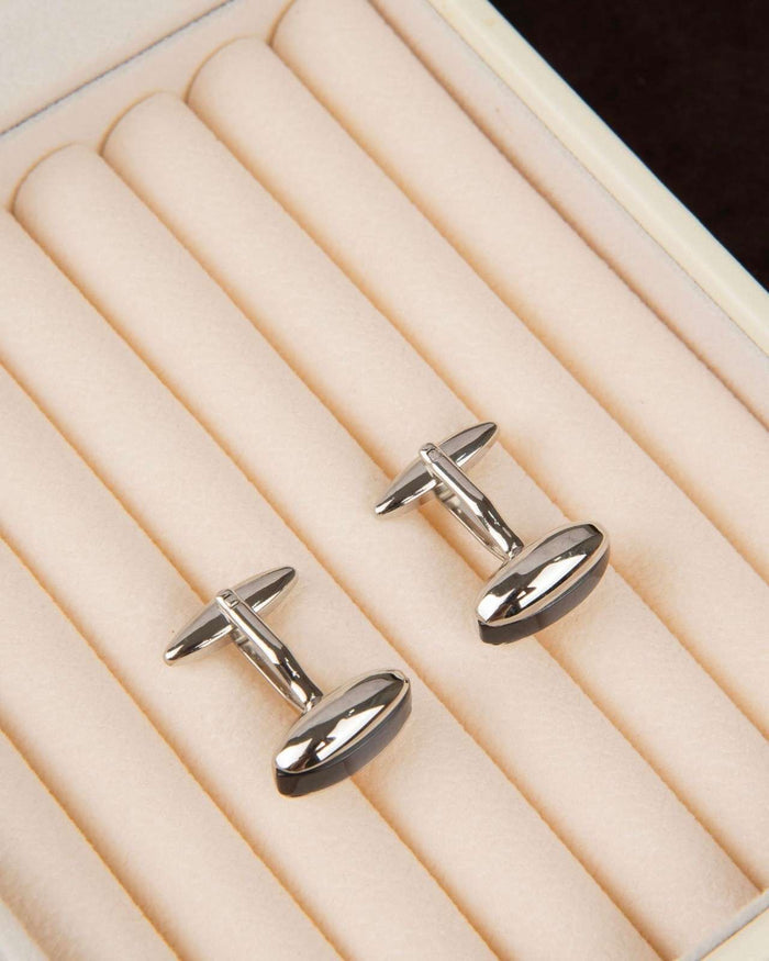 Premsons® black gloss half-moon curve cufflinks with shiny silver-tone ends