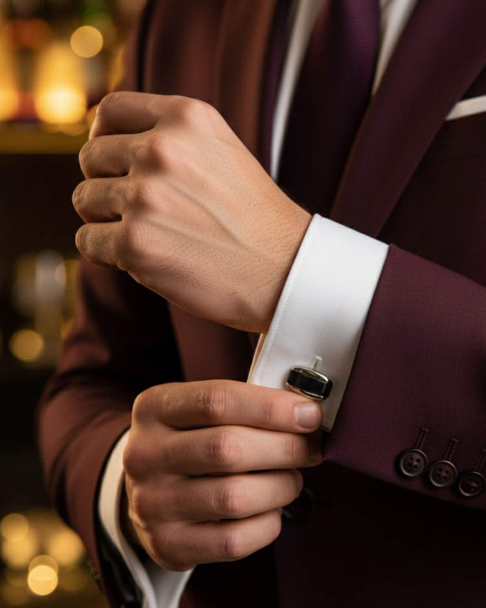 Premsons® black gloss half-moon curve cufflinks on a burgundy suit cuff
