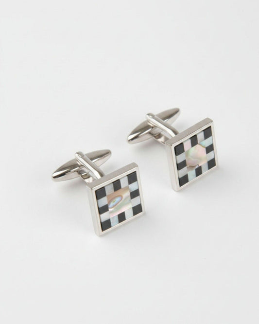 Square cufflinks with black checkerboard mother-of-pearl inlay and silver frames