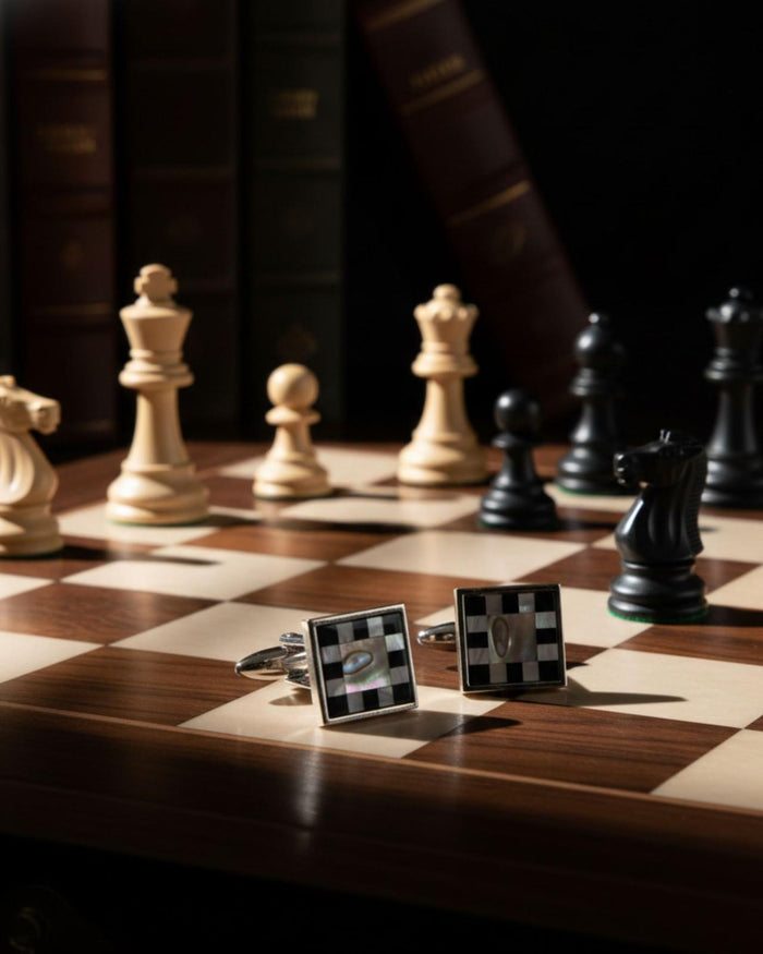 Square black and mother-of-pearl cufflinks with silver frames, paired on a board
