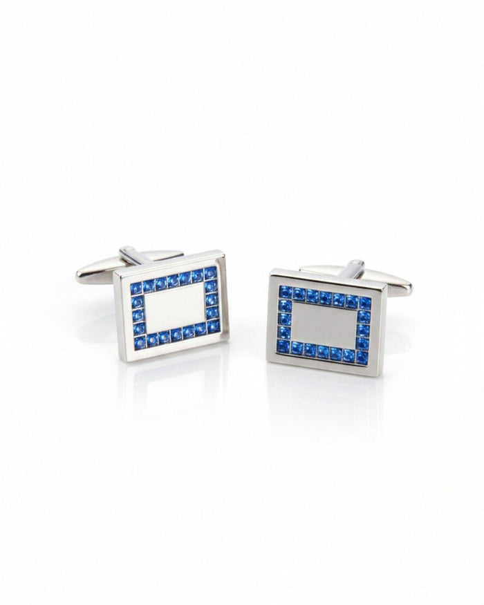 Rectangular blue crystal cufflinks with silver frame and bar backs