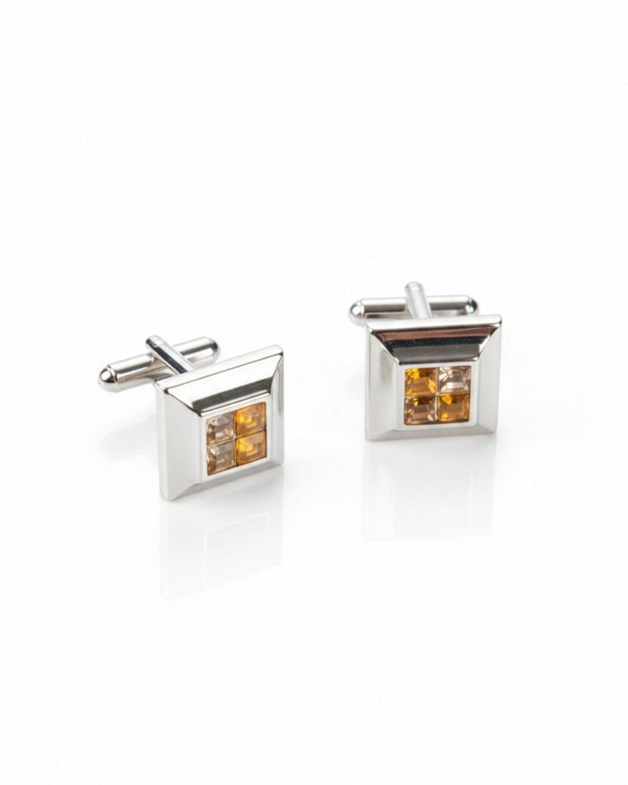 Silver square cufflinks with champagne crystal in a framed bezel