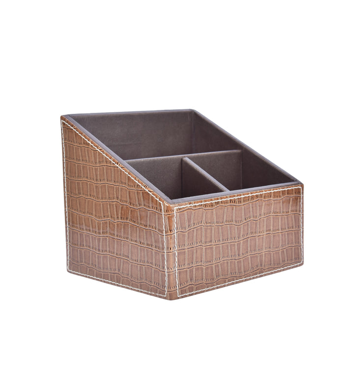Brown croc-texture 3-compartment remote holder with open interior and divider slots