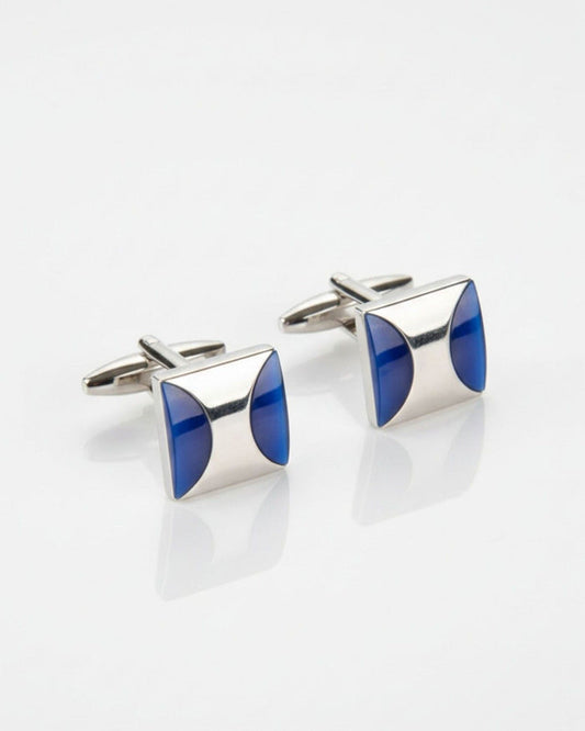 Silver cufflinks with blue enamel curved design, rectangular bar back detail