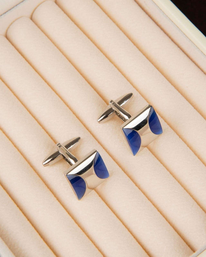 Silver cufflinks with blue enamel curved design and hinged bar fronts