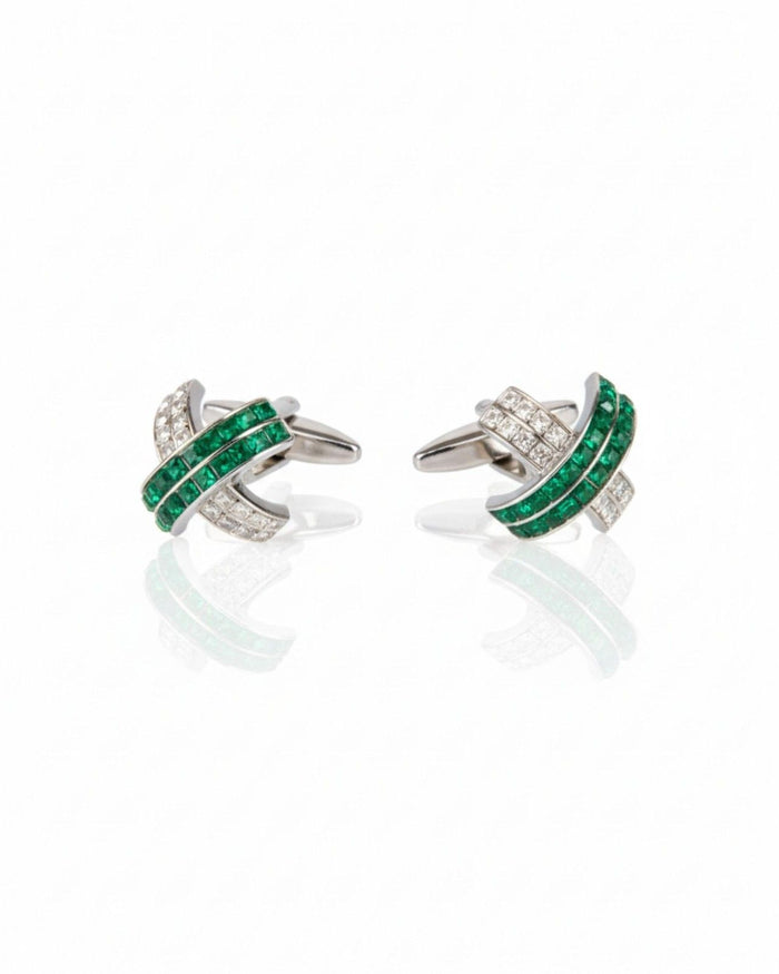 Silver cufflinks with green crystal wave design and clear stone detailing