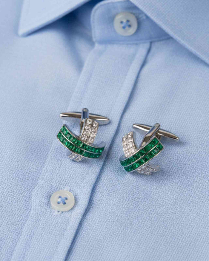 Silver cufflinks with green crystal wave bars and clear crystal set detailing