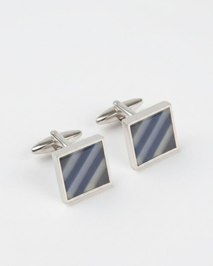 Square silver cufflinks with blue diagonal stripe inlay