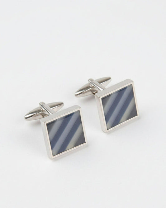 Square silver cufflinks with blue diagonal stripe inlay