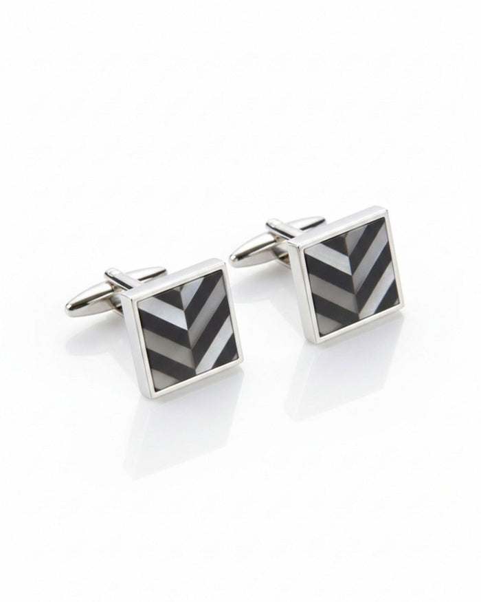 Square silver cufflinks with grey striped stone, polished frames and bar back