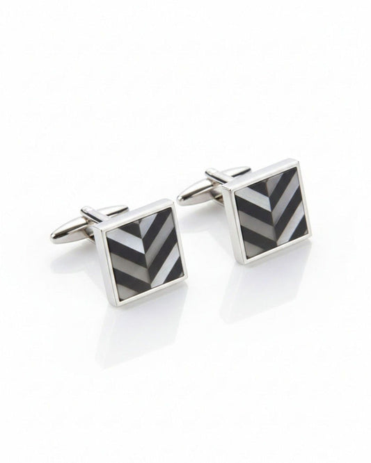 Square silver cufflinks with grey striped stone, polished frames and bar back