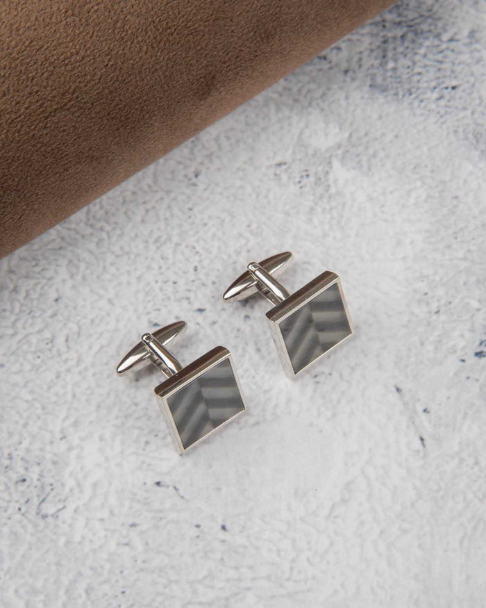 Square silver cufflinks with grey striped stone and swivel bar posts, two-piece set