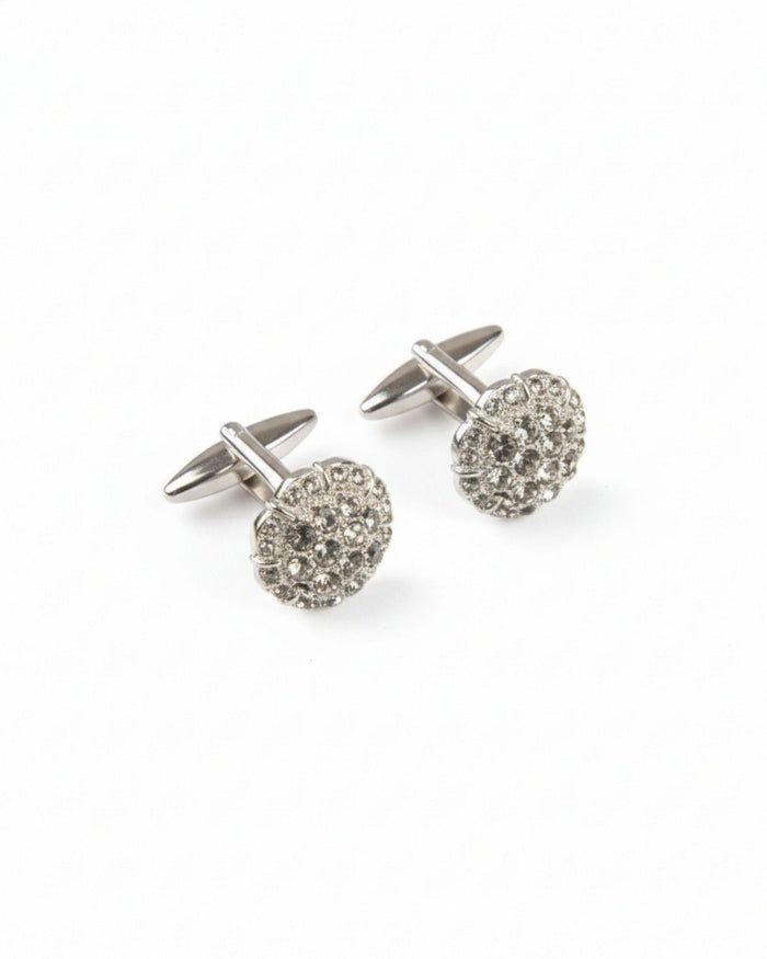 Round silver cufflinks with clustered clear crystal sparkle and hinged backs