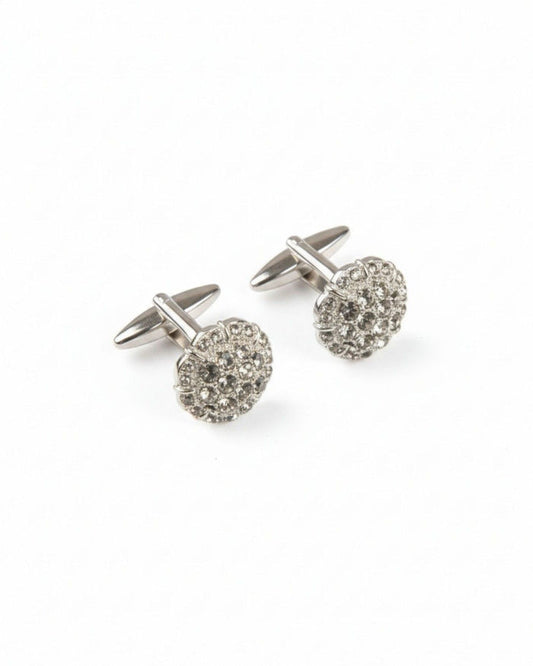 Round silver cufflinks with clustered clear crystal sparkle and hinged backs