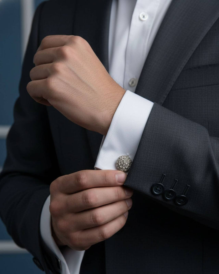 Round silver crystal cufflinks fastened on a white dress shirt cuff