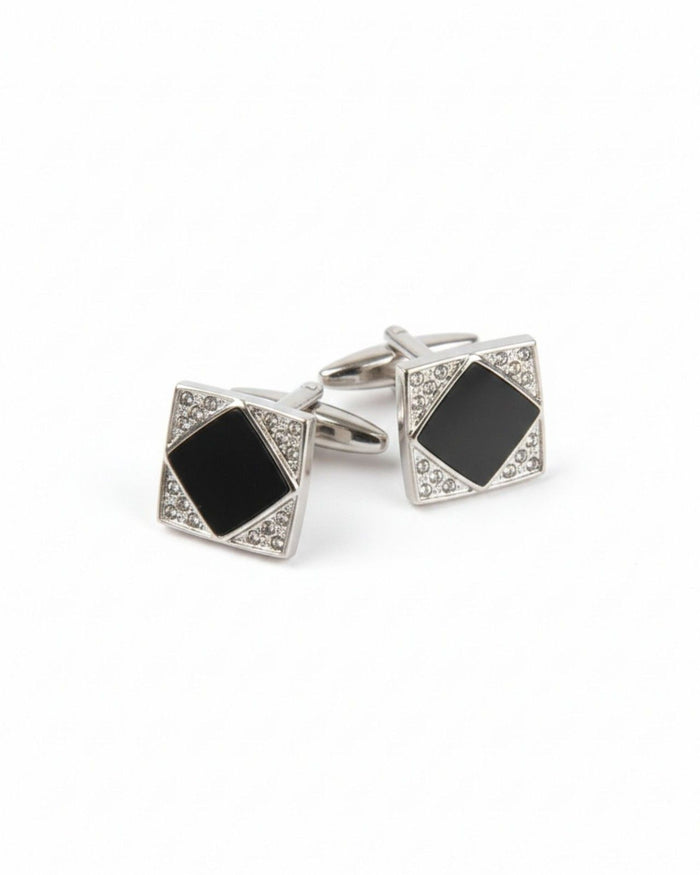 Silver square cufflinks with black center and crystal border