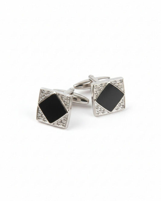 Silver square cufflinks with black center and crystal border