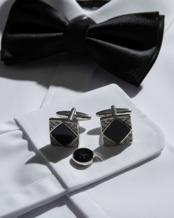 Silver square cufflinks with black geometric inset and crystal trim