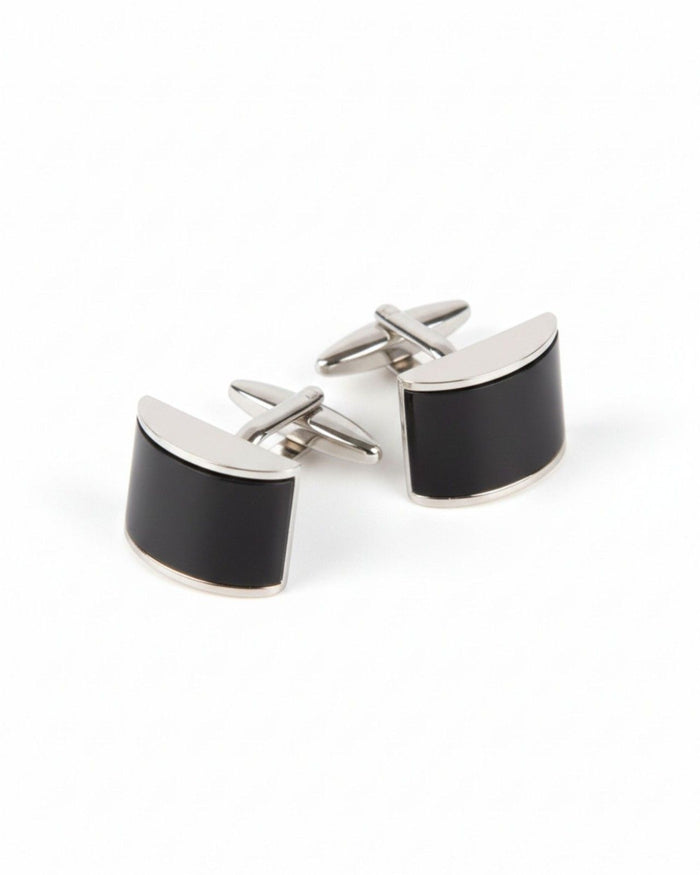 Curved rectangular cufflinks with silver-tone frame and black smooth enamel faces