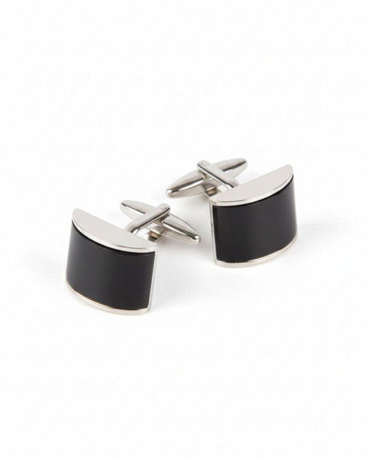 Curved rectangular cufflinks with silver-tone frame and black smooth enamel faces