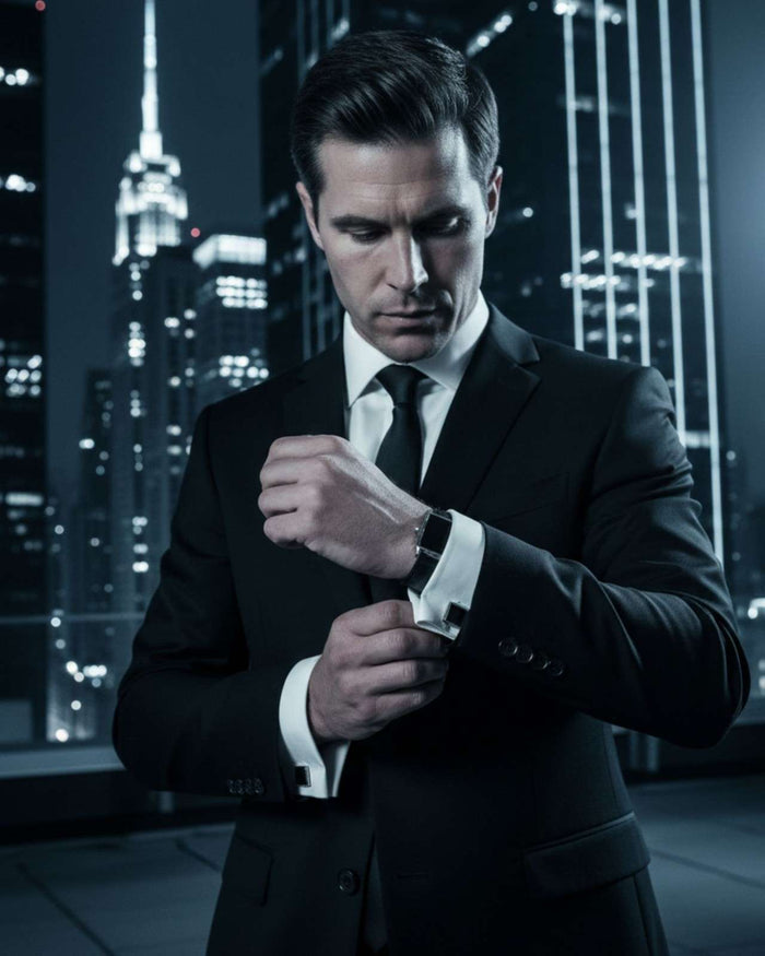 Men’s shirt cuff with black enamel rectangular silver-tone cufflinks