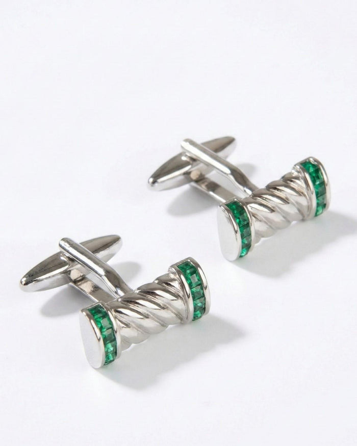 Premsons® mens twisted bar cufflinks with green crystal end caps and silver posts