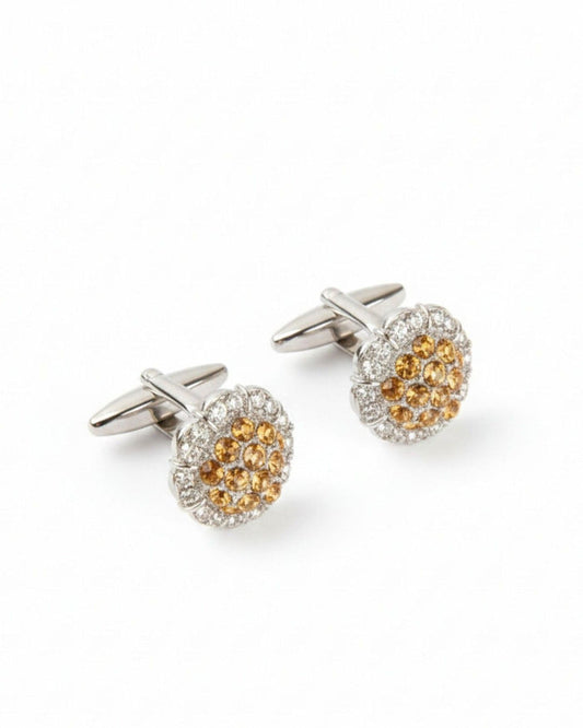 Men's round crystal cluster cufflinks with gold-toned center and silver setting