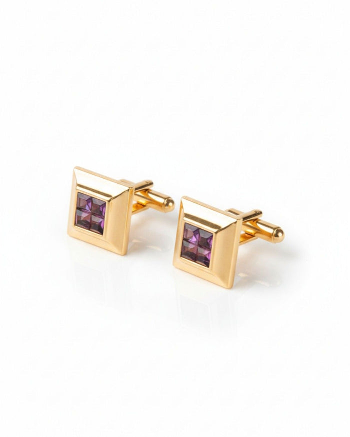 Gold tone square cufflinks with purple crystal mosaic center