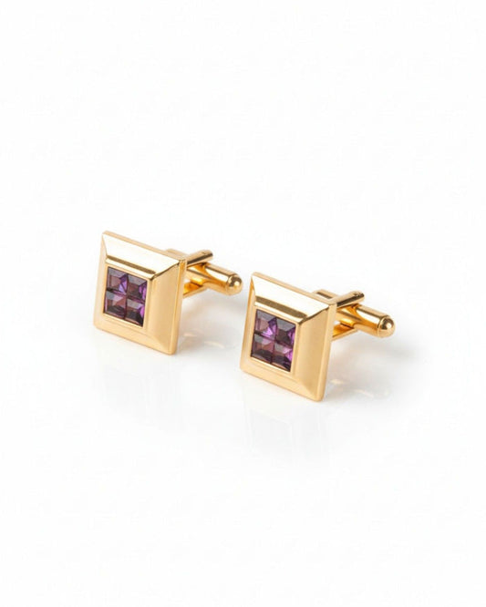 Gold tone square cufflinks with purple crystal mosaic center