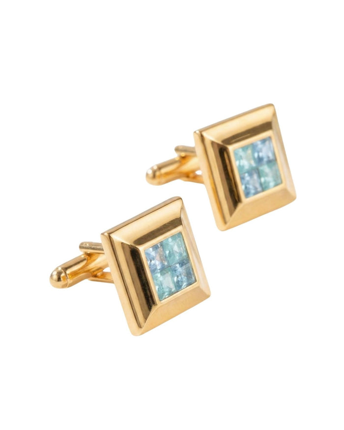 Men's gold tone square cufflinks with light blue crystal mosaic center